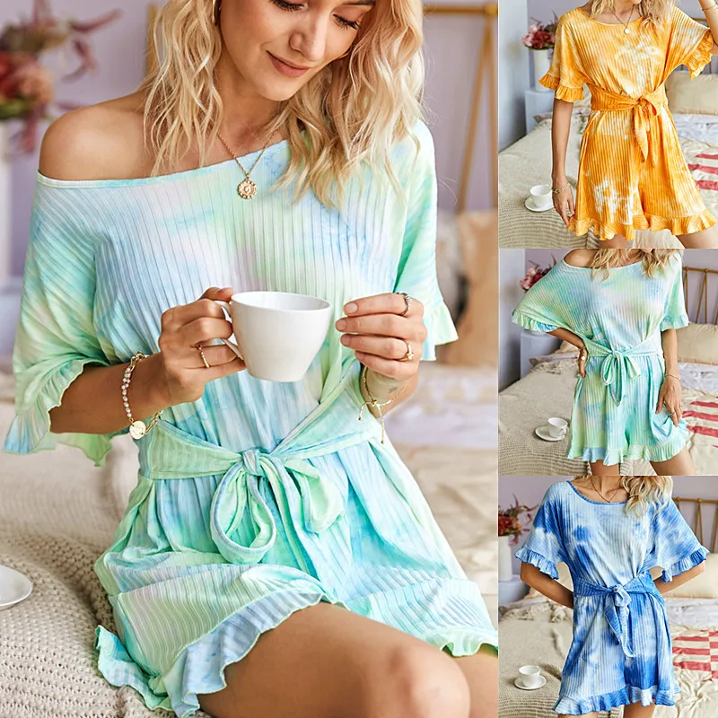 

Women Summer Ruffled Short-sleeved Knitted Lace-up Jumpsuit Tie-dye Printed Round Neck Loose Casual Plus Size Straight Jumpsuit