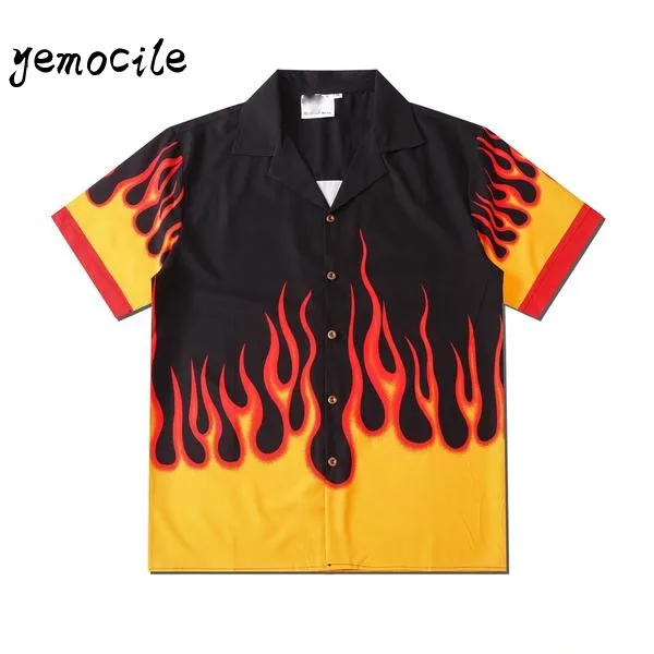 

2020 Hi hop Harajuku Couples Wear Summer Casual Men Women Shirts flame Print Street wear Loose Short Sleeve Shirt StreetWear