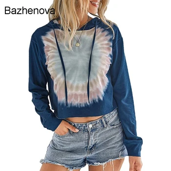 

Bazhenova Sunflower printed Tie Dye Short Tops Hooded Pullover Women Long Sleeve Tops Tee 90s streetwear sweatershirt T1295