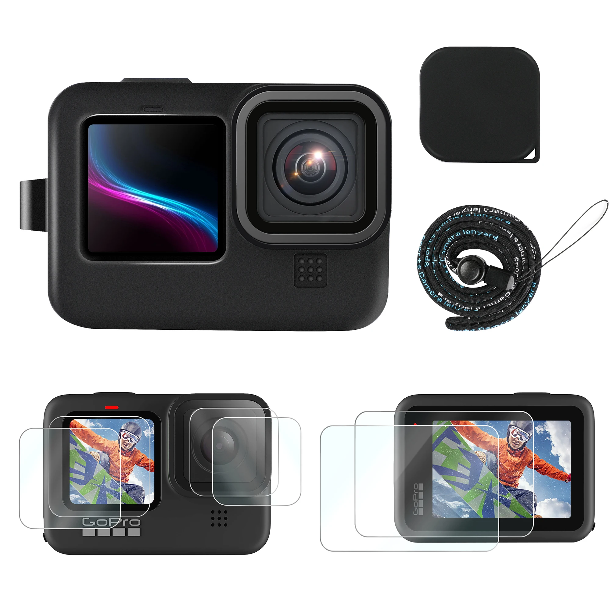 

Accessories Kit for GoPro Hero 9 Action Camera Silicone Rubber Protective Case with 2 Packs Tempered Glass Screen Protector