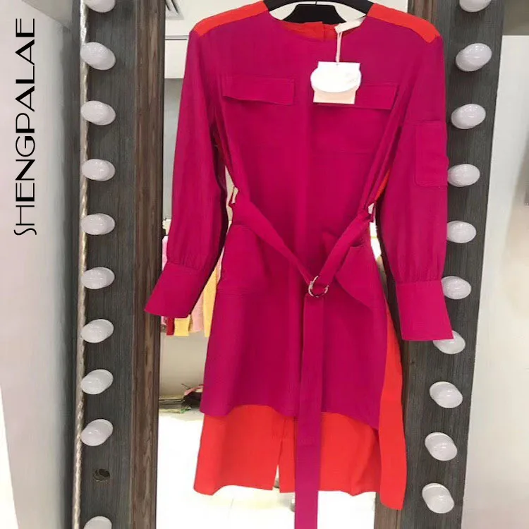 

SHENGPALAE 2019 Summer Round Neck Spelling Color Split Joint Chest Symmetric Pocket Chalaza Waist High Quality Dress Tide FS634