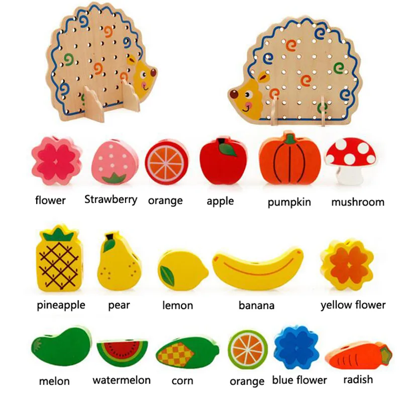 82 шт. деревянные фрукты овощи шнуровка нанизывающие бусины игрушки с ежиком доска Монтессори обучающая игрушка для детей Детский подарок