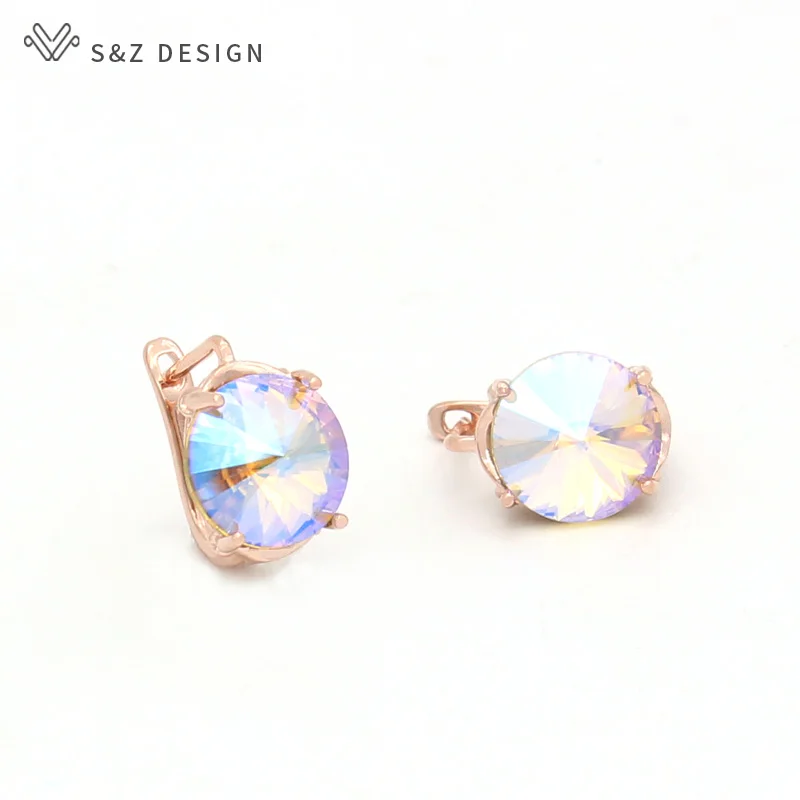 S&Z DESIGN New Fashion Big Round Crystal Dangle Earrings For Women Girl Wedding Party Jewelry 585 Rose Gold Color Birthday Gifts
