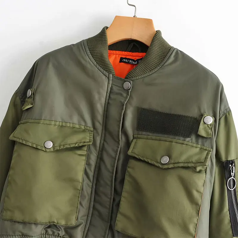 Nlzgmsj Za Women Military Green Moto Biker Bomber Pilot Jacket Cropped Top Long Sleeve Female Oversized Coat Outerwear Chaquetas