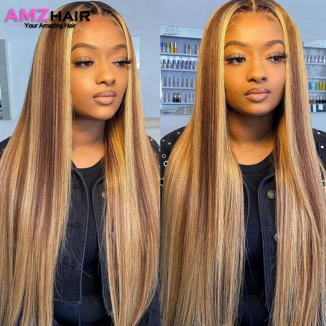 30 Inch Straight Lace Front Wig Highlight Wig Human Hair Colored HD Transparent Lace Frontal Wig Ombre Closure Wig Pre Plucked 1