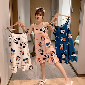 

Summer Pajamas Thin Student Cartoon Mouse Print Nightgown Ice Silk Women Strap Large Size Nightdress Chest Pad Sling Sleepwear