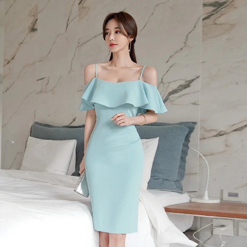 

2021 New Arrival Sheer Sexy Off Shoulder Dress for Ladies Backless Empire Corset Dress Woman Sky Blue Elegant Party Dress Japan