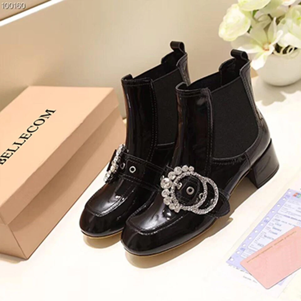 

ELLECOM 2019 Mini Boots Autumn New Kind of Female True Leather Coarse heel Chelsea Boots Water Drill British Wind