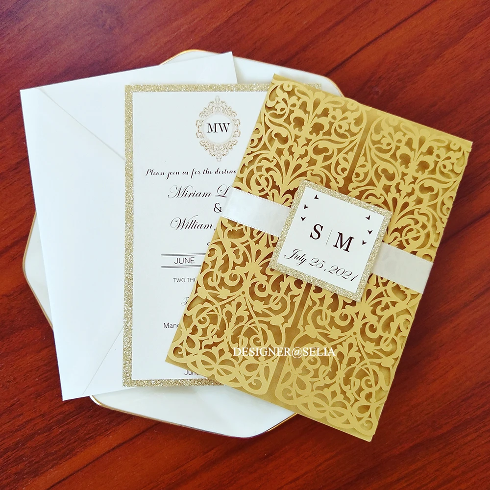 50X Glitter Wedding Invitation Card Personalized Laser Cut Romantic Party Floral