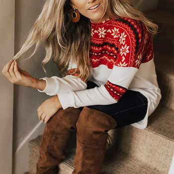 

Christmas Sweater Snowflake Knit Top Autumn New Women Stitching Long-sleeved Loose Bottoming Ladies Sweater WW