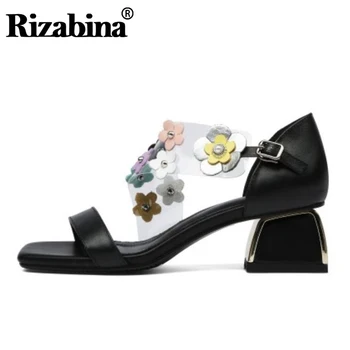 

RIZABINA New Genuine Leather Sandals Women Fashion Flower Thick Heels Shoes High Quality Women Summer Footwear Size 32-43