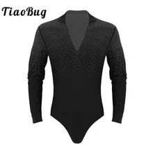 TiaoBug Shiny Rhinestones V-neck Stand Collar Long Sleeve Ballroom Tango Rumba Men Latin Dance Shirt Leotard Bodysuit Dancewear