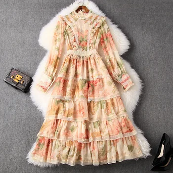

Women sundress new 2020 spring summer designer floral print long sleeve lace trim tiered ruffles chiffon elegant midi dresses
