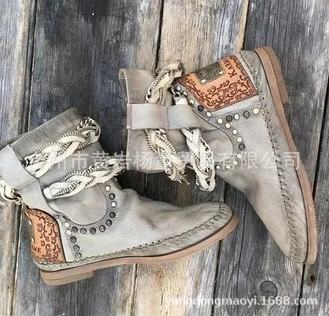

Classics Fashion Women Autumn Ankle Boots String Bead Round Toe Vintage Short Boots Low Solid Leisure Winter Shoes Plus Size
