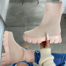 

Plus Size Women's Boots for Fall/winter 2021 New Stretch Knit Women's Round Toe Short Boots Fashion Nude Boots Thick-soled Boots