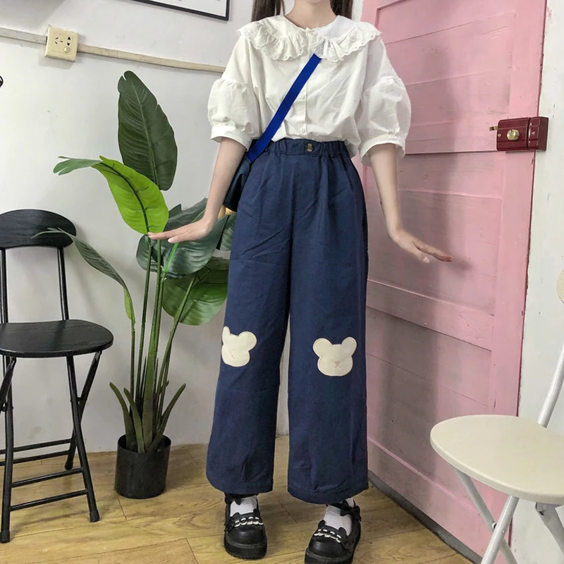 Pantalones suaves Kawaii japoneses para mujer, pantalones coreanos para chicas adolescentes, pantalones sueltos finos con bordado de oso de animados, pantalones casuales salvajes para mujer|Pantalones y pantalones - AliExpress