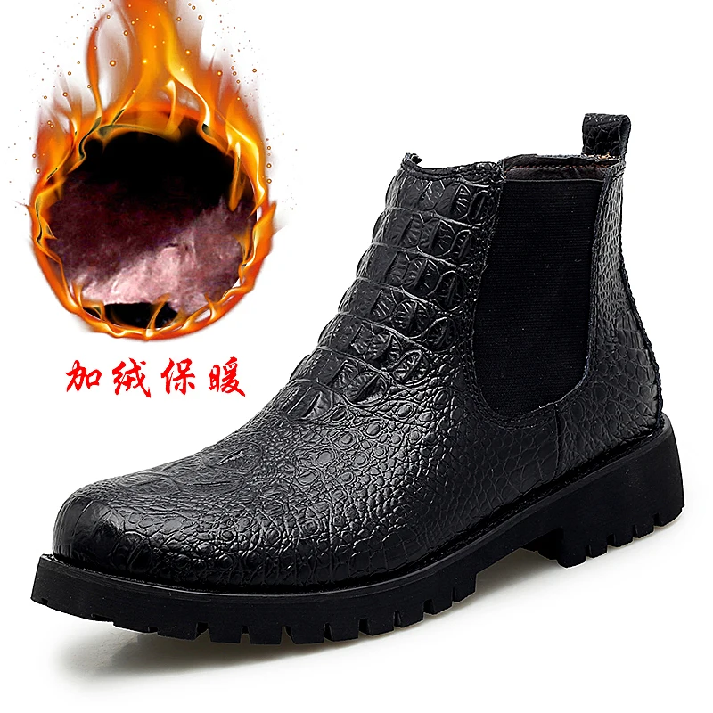 black cotton8115 Мужские ботинки «Челси» модная теплая повседневная мужская обувь из кожи с высоким берцем Высококачественная Мужская обувь для работы, свадьбы, банкета - Цвет: black cotton8115