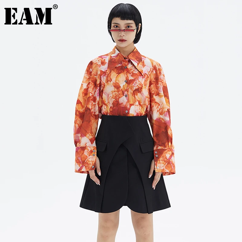 [EAM] Women Orange Pattern Printed Temperament