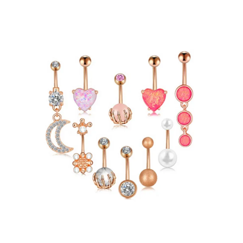 

10Pcs Fashion Zircon Flower Heart Moon Dangle Belly Rings Set for Women Body Piecing Jewelry