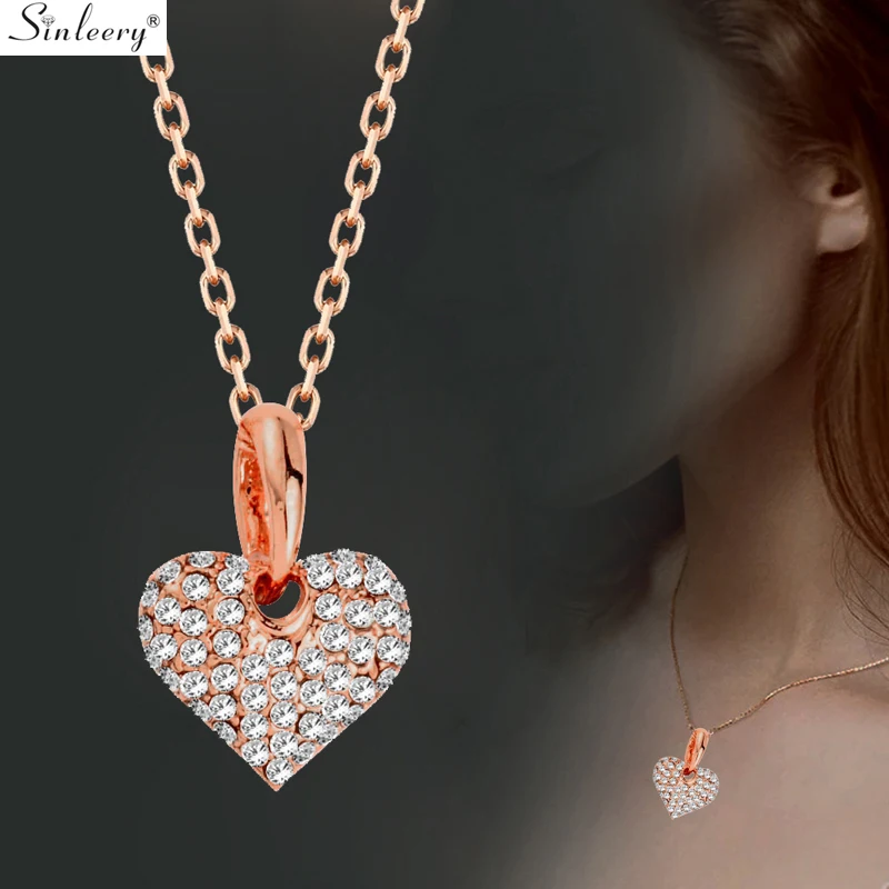 

SINLEERY Lovely Heart Necklace Pendants With Full Cubic Zirconia Rose Gold Color Chain Women Jewelry Lover Gift XL337 SSC