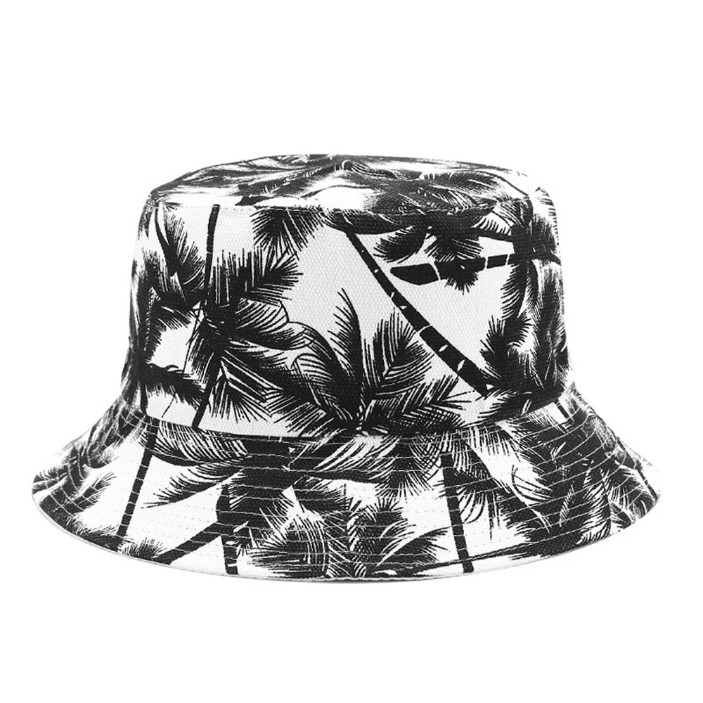 2020 New Unisex Fashion Summer Reversible Black White Coconut Tree Printed Fisherman Caps Bucket Hats Gorro Pescador Men Women