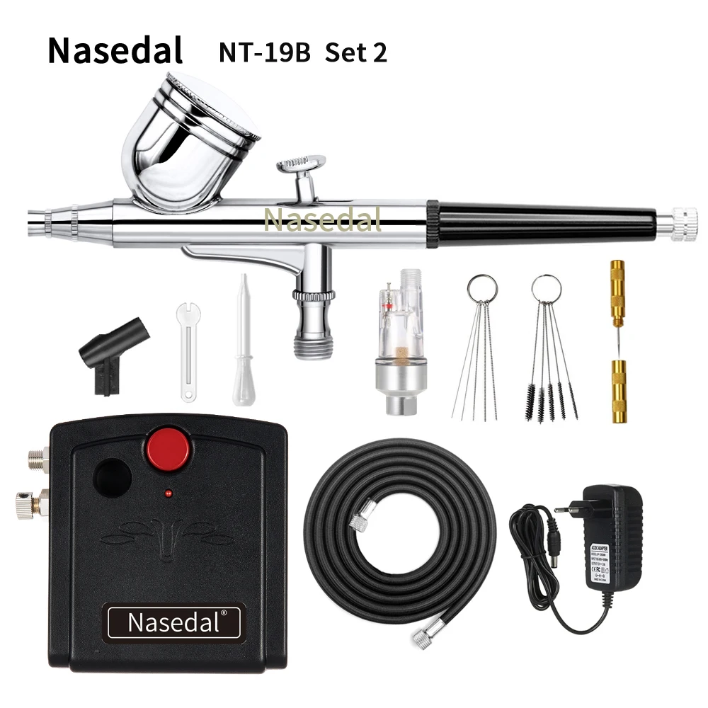 NT-19B Set 2 Nasedal Dual-Action Airbrush Compressor Kit 0.3mm Air brush Spary Gun for Cake Decoration Nail Art Model Car Painting Spray Tool - Цвет: NT-19B Set 2