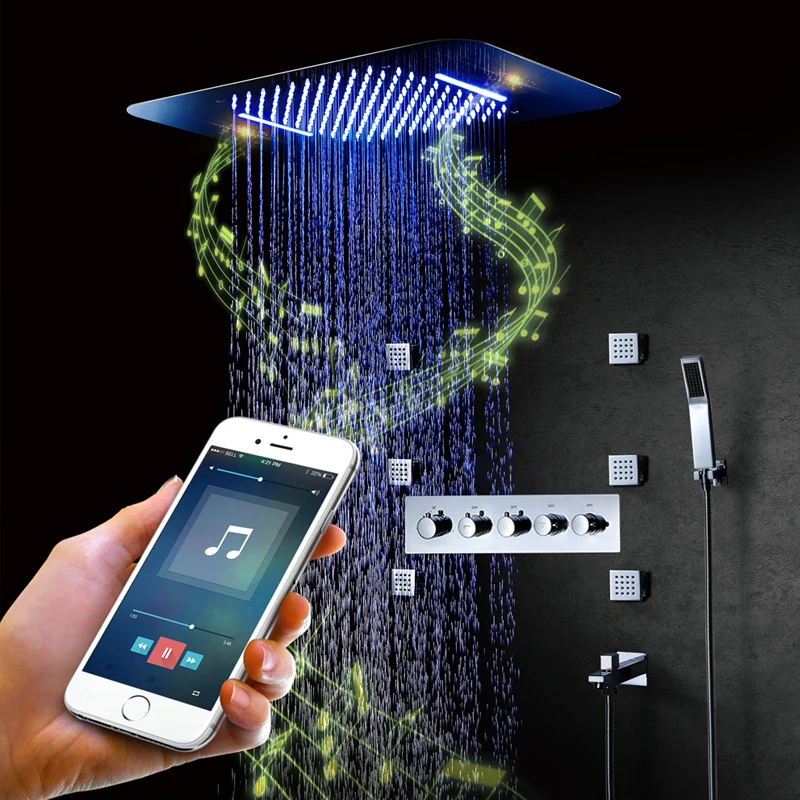 Bluetooth Music LED Shower Head Tap Rain Shower Set Waterfall Bathroom Faucet Thermostatic Concealed Mixer Shower Speaker System