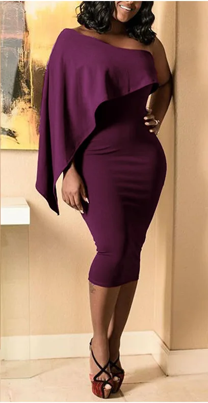 Сексуальное осеннее однотонное платье-карандаш на одно плечо со средней талией для офисных леди, цвета красного вина, фиолетового S-XL, новинка