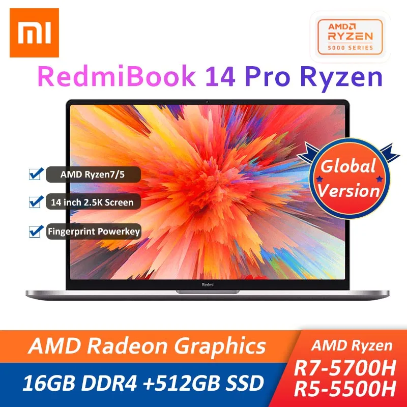 

Xiaomi RedmiBook 14 Pro Laptop 14 Inch Ryzen 7 5700U/R5 5500U AMD Radeon 16GB DDR4 + 512GB SSD Windows 10 Notebook 2.5K Screen