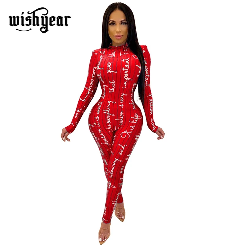 

Letters Print Stripe Jumpsuit Mock Neck Long Sleeve Skinny Casual Zipper Romper Women Fashion One Piece Overalls
