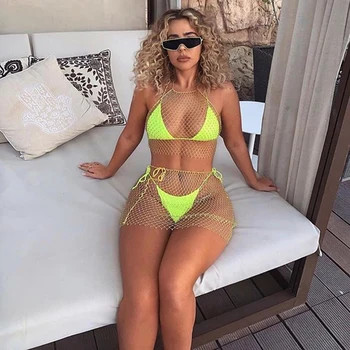 

See Through Bling Diamante Two Piece Set Women Halter Shiny Rhinestones Backless Crop Tops Loose Hot Skirt Club 2 Pcs Outfits