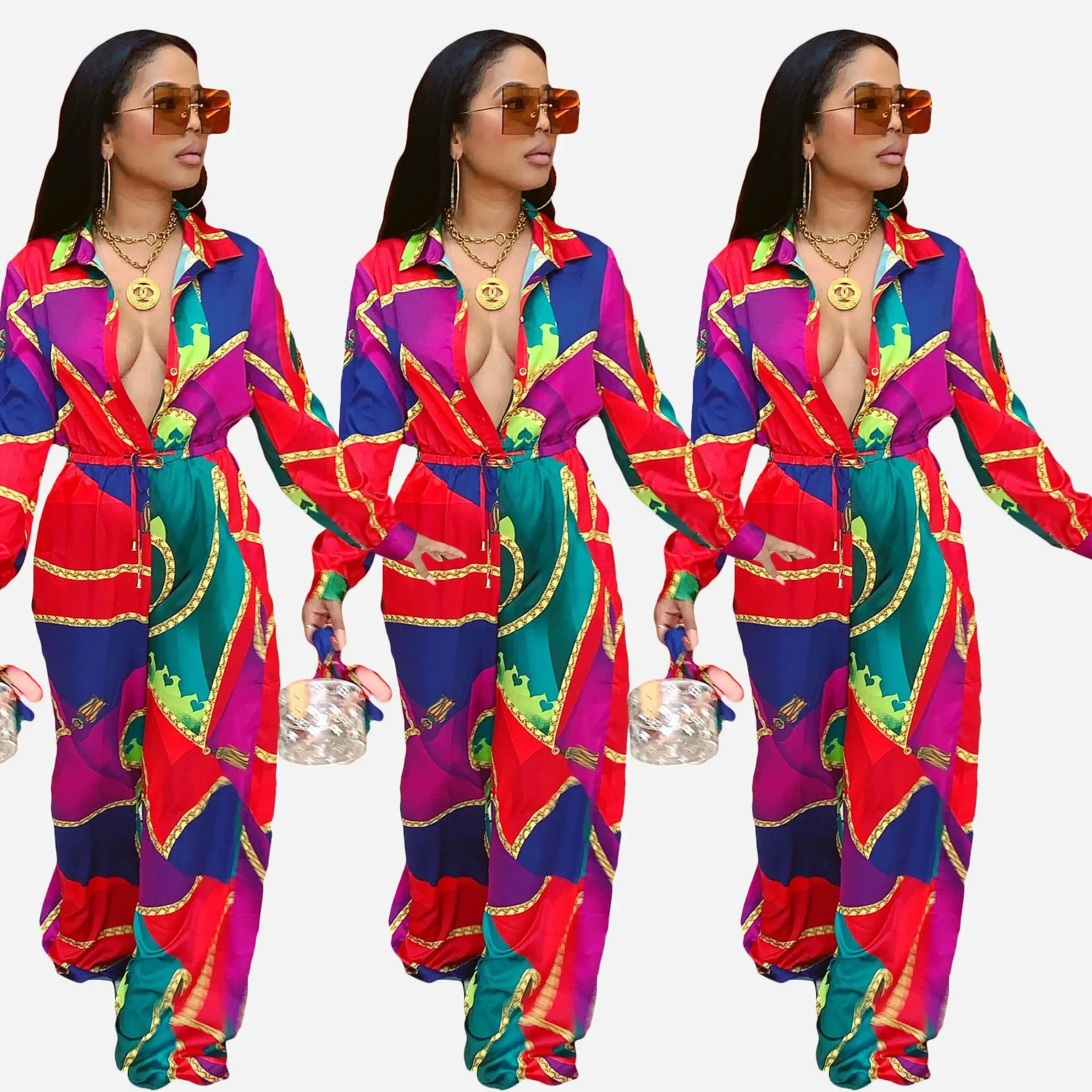 Women's pants ins net red with fashion chain printed slacks children elegant luxury sexy party club banquet nightclub jumpsuit