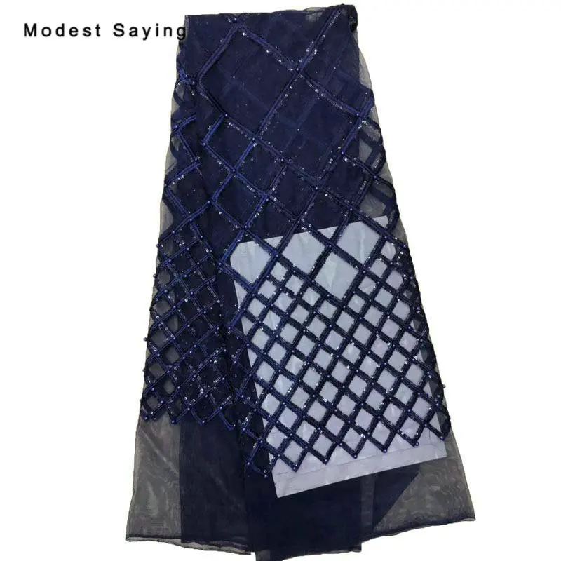 navy blue 5 ярдов темно-синие африканские жемчужины расшитые блестками квадратные кружевные ткани для вечернего платья вышитая сетка нигерийская Тюлевая ткань материал - Цвет: navy blue