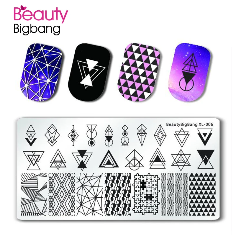 

BeautyBigBang Nail Stamping Plate 6*12CM Geometric Theme Rectangle Triangle Feather Design Nail Art Template Stencil For Nails