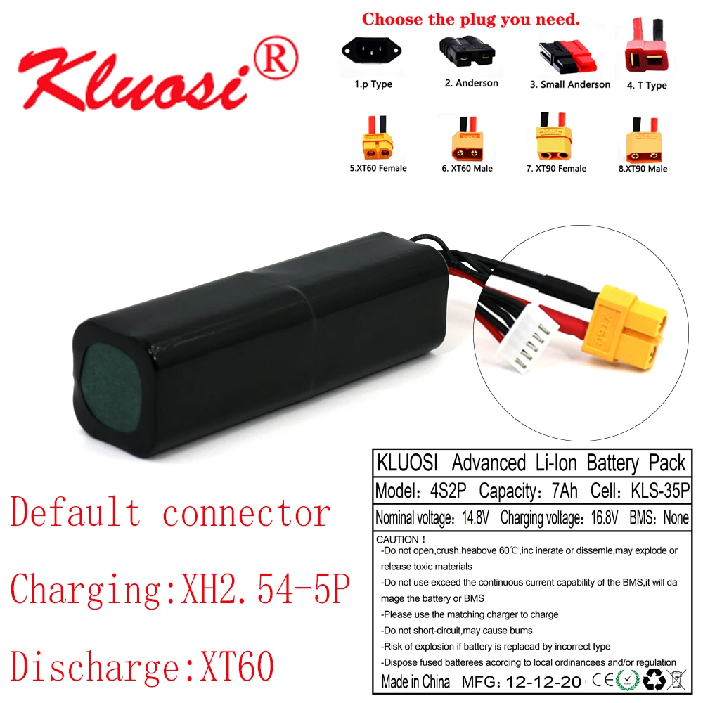 KLUOSI 16.8V Li-ion Battery 14.8V 7Ah 4S2P High Capacity UAV Rechargeable for Various RC Airplane Drone Quadrotor XH2.54-5P XT60