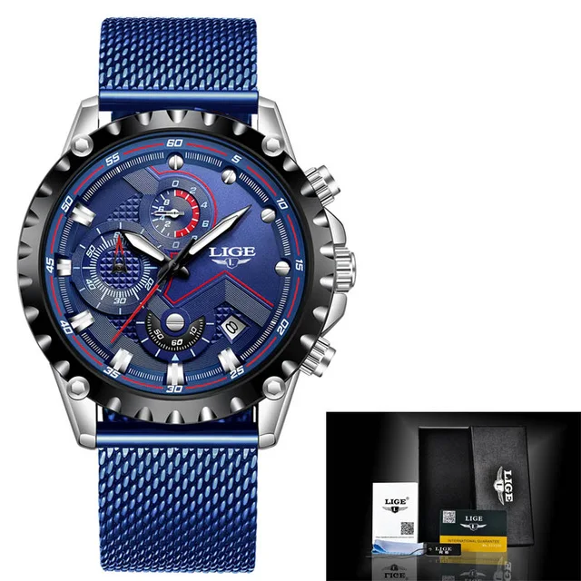 Silver Blue M Мужские часы LIGE от ведущего бренда, Роскошные военные спортивные часы, мужские водонепроницаемые часы из нержавеющей стали, повседневные Модные кварцевые наручные часы+ коробка - Цвет: Silver Blue M