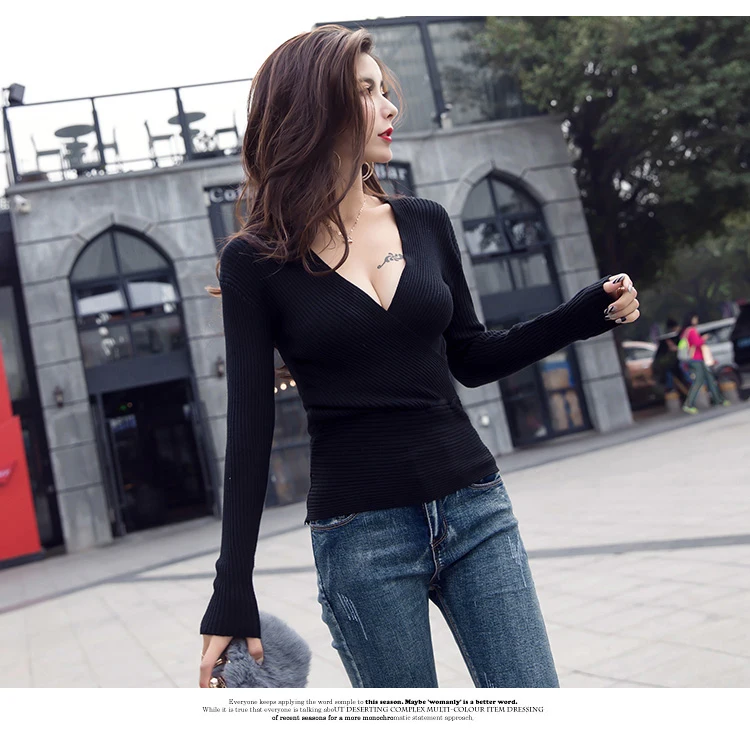 2022 Spring Sexy V-Neck Women Sweater Tops T-shirt Knitted Long Sleeve Thread Bottoming Slim Sweaters Pullover Jumper Soft Warm