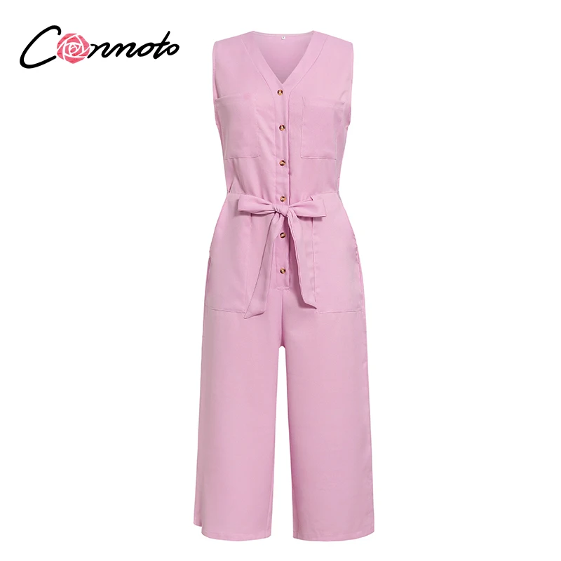 Conmoto sleevless summer 2020 solid pink jumpsuits rompers women pockets beach jumpsuits button sash casual plus size jumpsuit Conmoto sleevless summer 2020 solid pink jumpsuits rompers women pockets beach jumpsuits button sash casual plus size jumpsuit
