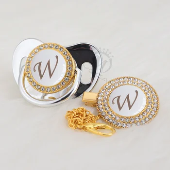

MIYOCAR name Initial letter W white silver bling pacifier and pacifier clip BPA free dummy bling unique design SGS pass LW-w