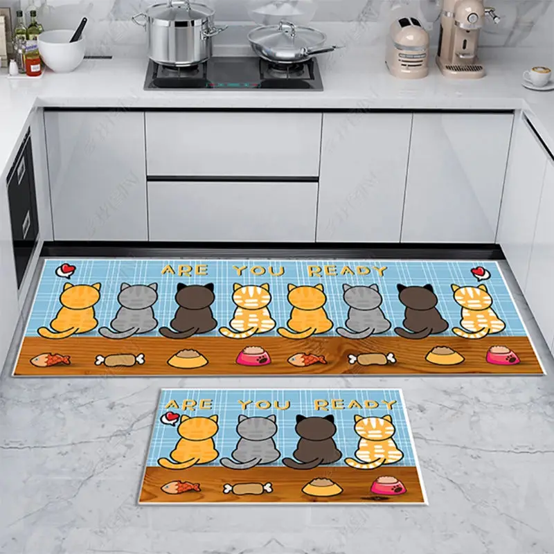 Floor Mat Kitchen Floor Mat Entrance Doormat Anti-Slip Carpet Cat Printed Water Absorbent Long Hallway Living Room Area Rugs Home Decor