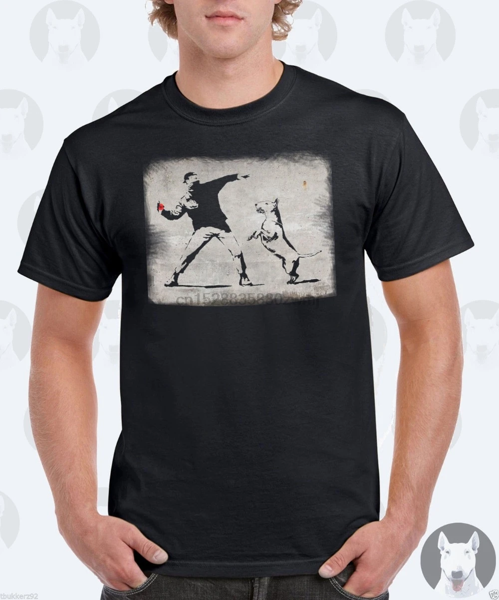 Mens English Bull Terrier T-Shirt - Banksy Fetch Gift2019 Newest Letter Print Hip Hop Novelty T Shirts Men |