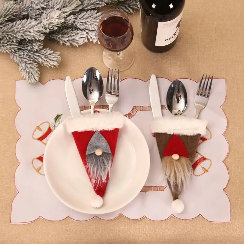 

3pcs/set Christmas Hat Fork Knife Cutlery Holder Silverware Tableware Swedish Santa Gnome Home Party Table Dinner Decor
