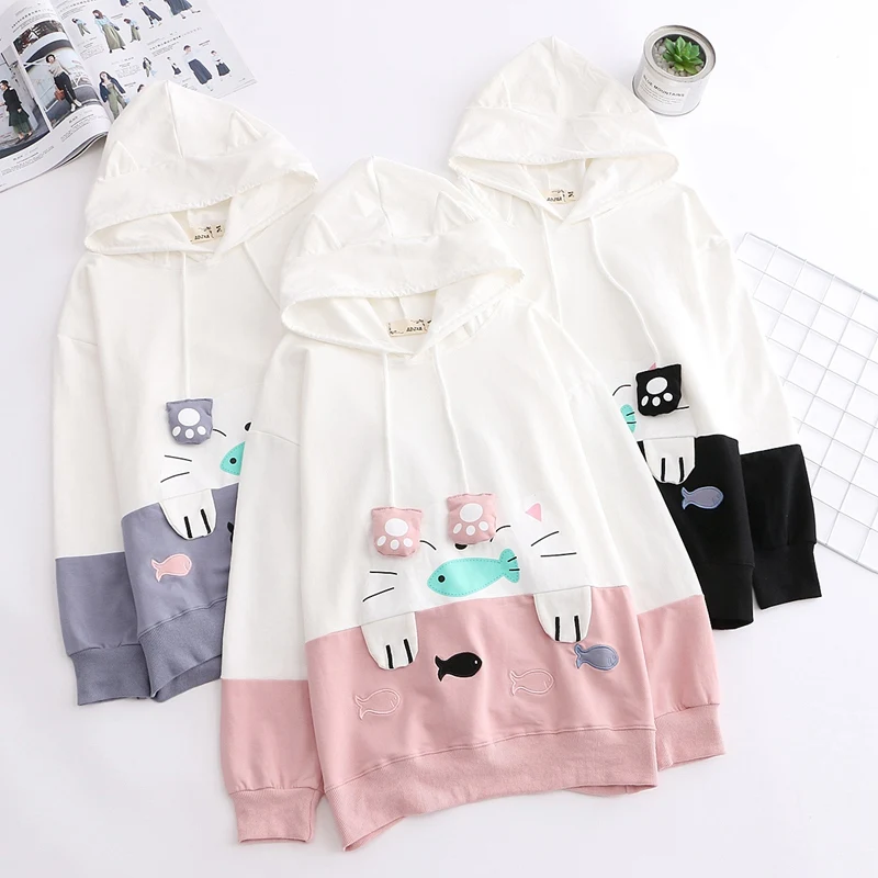 Осенняя Женская толстовка в японском стиле Kawaii, толстовка с капюшоном, кошка ест, принт в виде рыбы, Студенческая, подростковая, свободная, с длинными рукавами, с капюшоном, топы на завязках