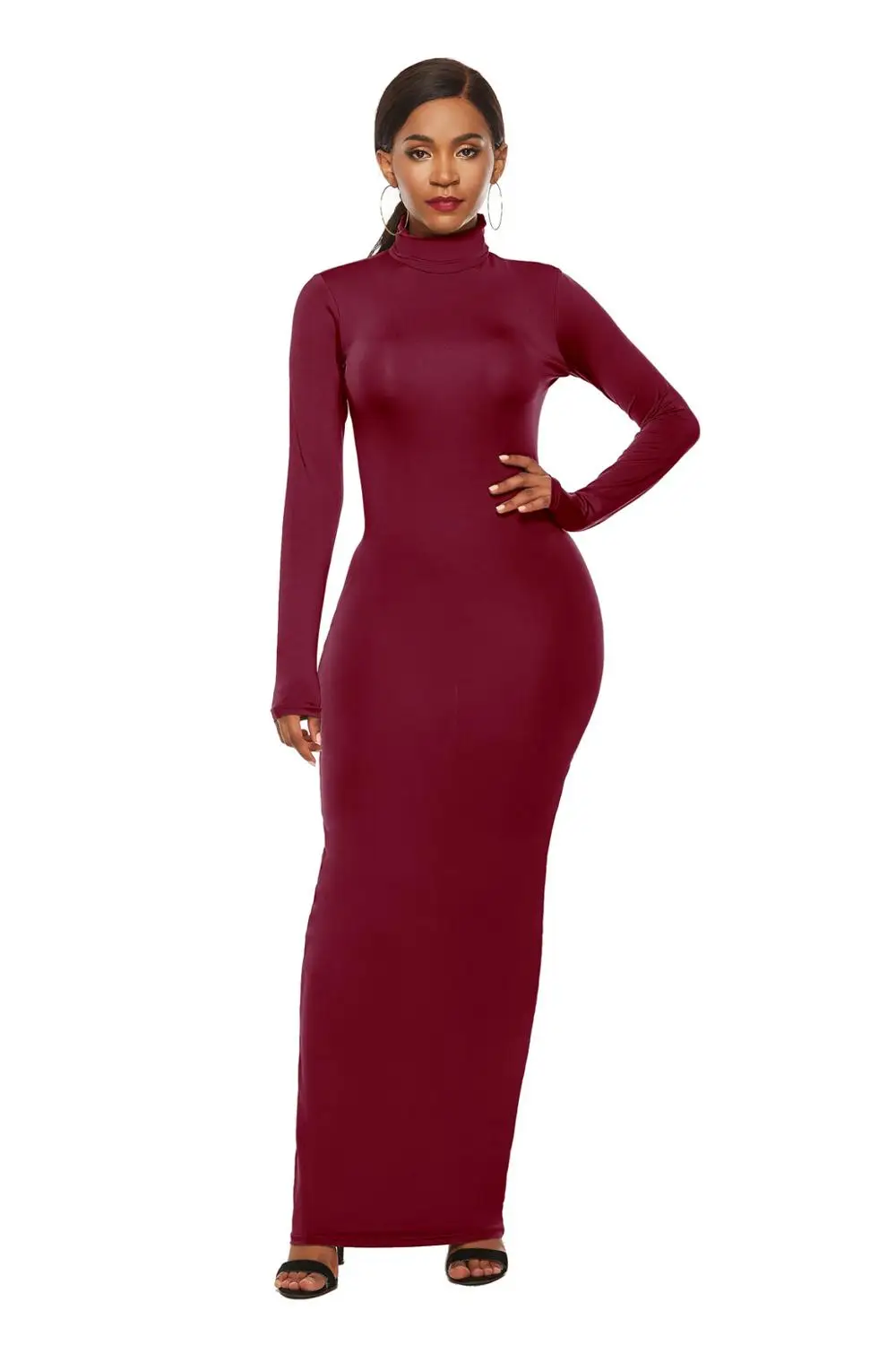 Весна-Осень, женское платье с длинным рукавом и О-образным вырезом, однотонное, тонкое, длинное платье, повседневное, простое, с высокой талией, бодикон, посылка, макси платье - Цвет: 5231 Wine Red
