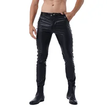 

Men Latex Leather Pants Low Waist Faux Leather Shiny Pants Fashion Tight Trousers for Club Stage Show Rock Band Performance