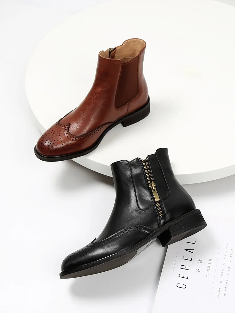 MORDOAN Genuine Cow Leather Chelsea Short Boots Women's Flat Ankle Boots Ladies Brogue Retro Brock Women's Shoes