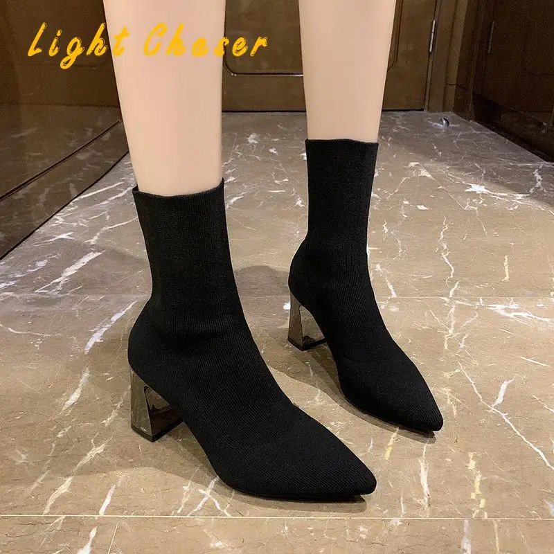 Pointed High-heeled Boots Women's Autumn/winter Knit Socks Boots Mid-tube Stretch Boots Mid-heel Thick-heeled Women's Short Boot