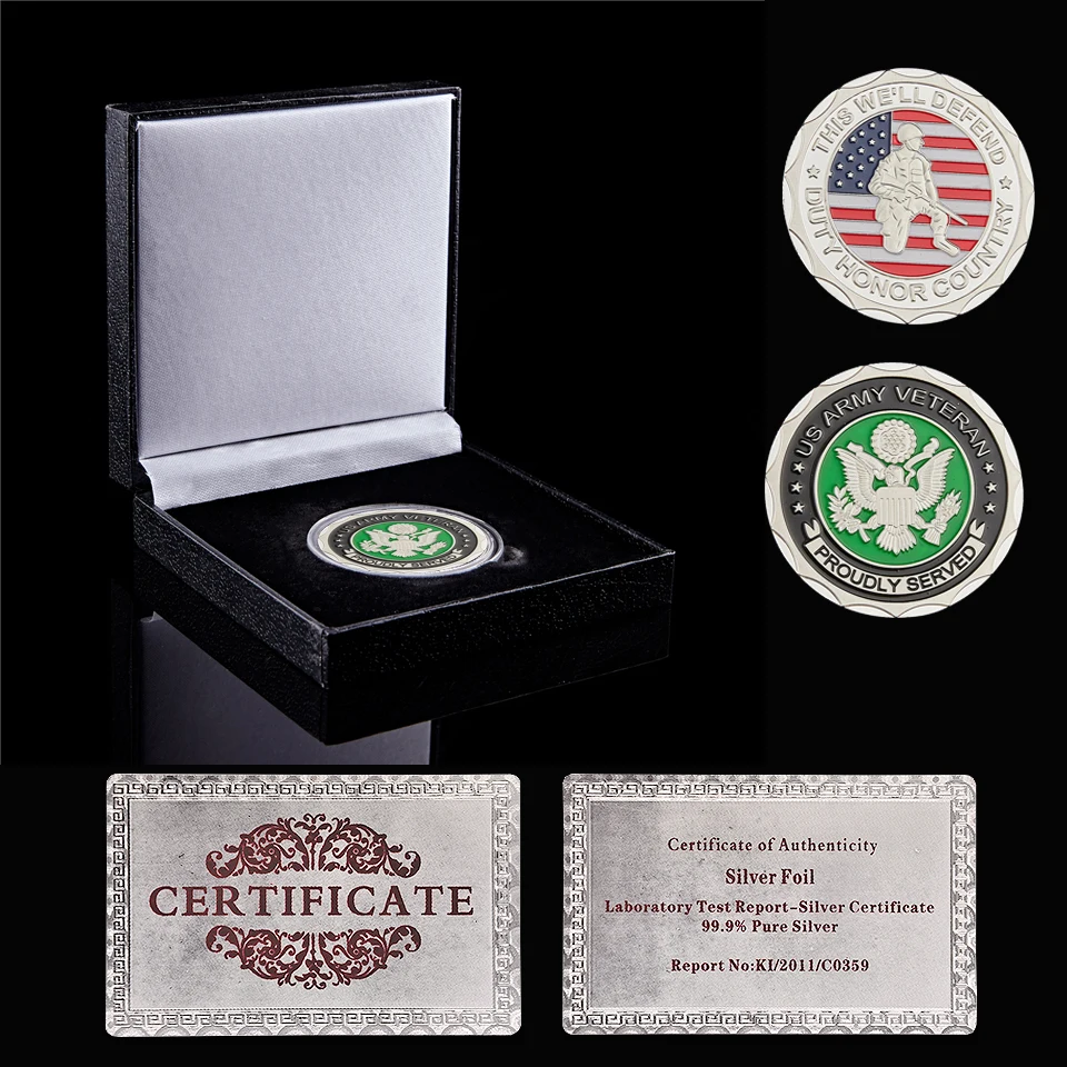 

2023 US Army Veteran Duty Honor Country Proudly Served Silver Challenge Coin w/ Luxury Coin Box Display