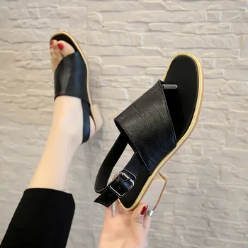 

Women Sandals PU Leather Woman Flip Flop Buckle Strap Shoes Ladies Square Heels Women's Solid Female Footwear 2020 Plus Size