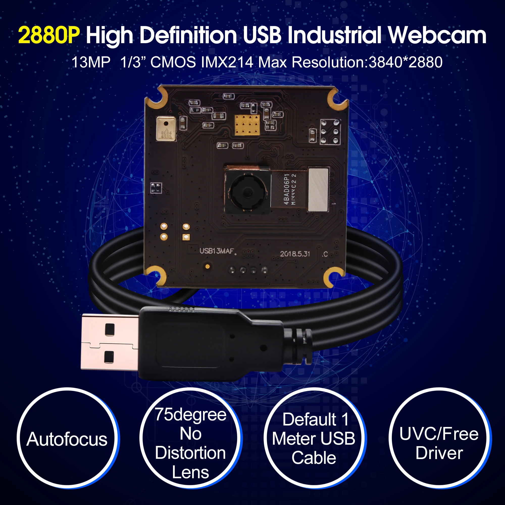 Модуль камеры с автофокусом 13 МП USB MJPEG 10fps 3840x2880 Sony IMX214 Mini 38*38 мм PCB плата для Linux Windows
